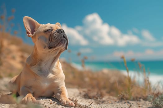 A French Bulldog relaxing on the beach during sunset