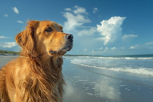 Happy golden retriever on the beach