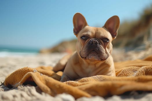 A French Bulldog relaxing on the beach during sunset