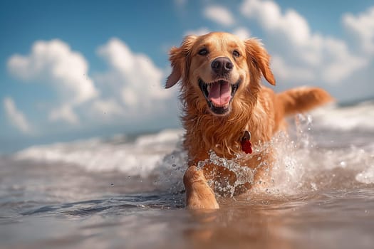 Happy dog swimming in the sea at the beach