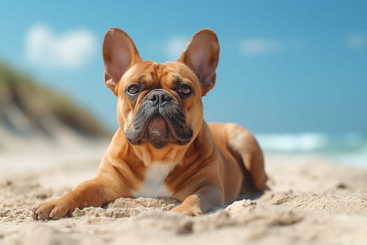 A French Bulldog relaxing on the beach during sunset