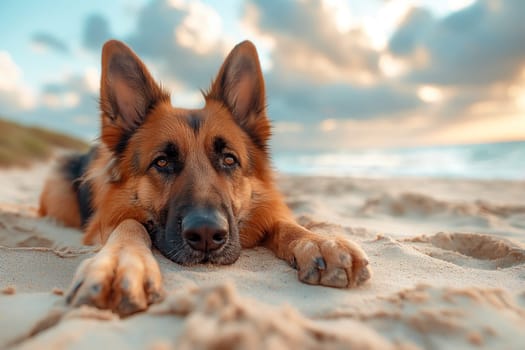 A German shepherd relaxing on the beach during sunset