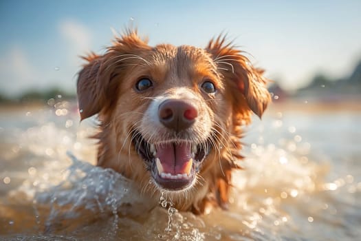 Happy dog swimming in the sea at the beach