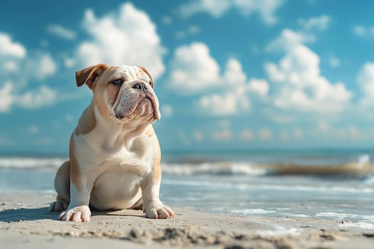 Happy bulldog with sunglasses on the beach