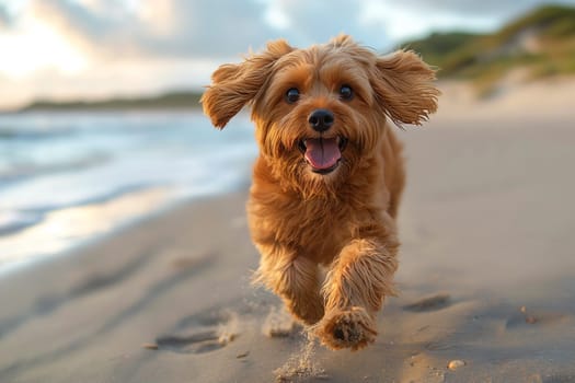 Happy dog enjoying a sunset on the beach