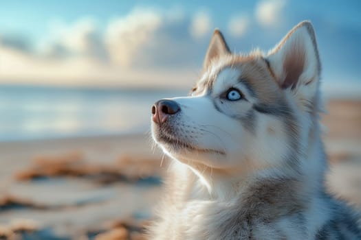 Happy husky on the beach on holiday in a sunny day