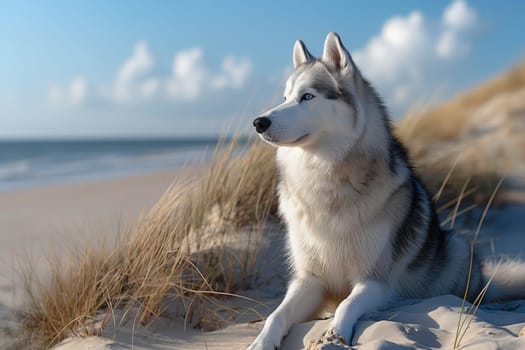 Happy husky on the beach on holiday in a sunny day