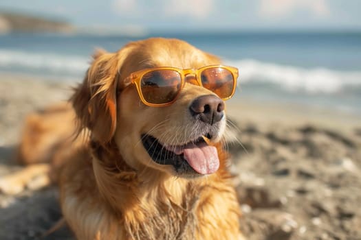 Happy golden retriever with sunglasses on the beach