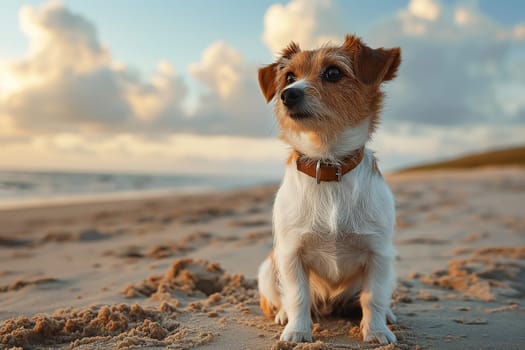 Happy dog enjoying a sunset on the beach