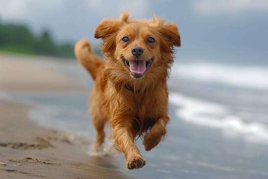Happy golden retriever running on the beach on a sunny day on holiday