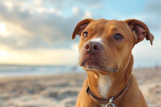 A pitbull relaxing on the beach during sunset