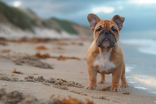 A French Bulldog relaxing on the beach during sunset