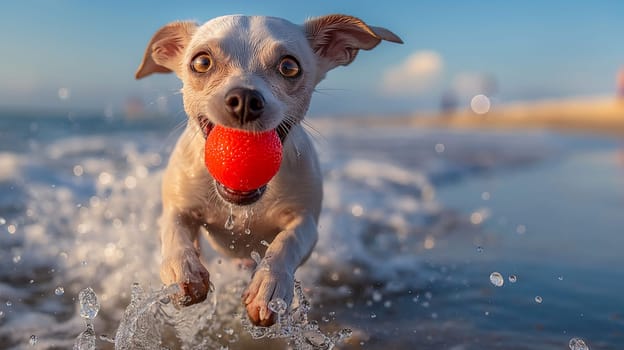 Happy dog at the beach with a ball, playing in the water