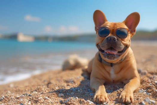 A French Bulldog relaxing with sunglasses on the beach