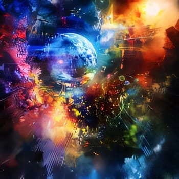 Abstract background design: 3D rendering of a fantasy world with stars, planets and galaxies