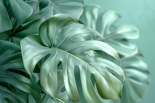 A close up of a monstera leaf, a terrestrial plant, with a unique pattern, against a green background. This artistic shot showcases the beauty of nature