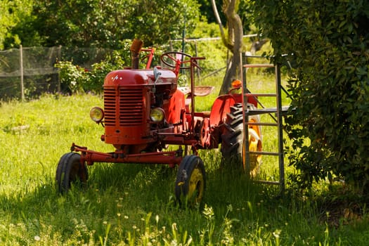 Langeac, France - May 27, 2023: A red Massey Harris Pony tractor is stationary on a patch of lush green grass.