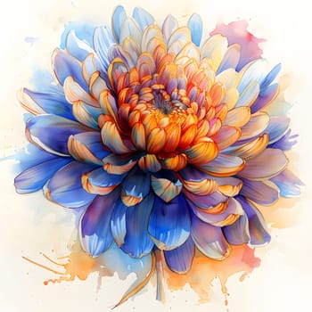 An art piece depicting a vibrant blue and orange flower, against a white backdrop. The flower is electric blue, possibly an artificial flower, standing out with its bold colors