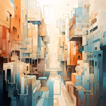 Abstract background design: abstract 3d illustration of a modern city with blue and orange buildings