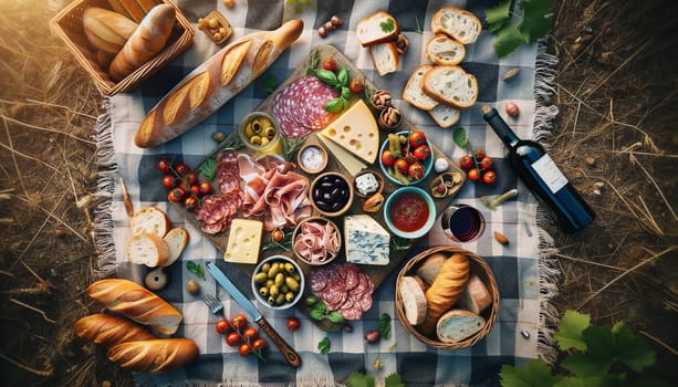 Overhead view of an Italian picnic with prosciutto, salami, cheeses, olives, bread, grilled vegetables, and Chianti, set on a checkered blanket outdoors. High quality illustration