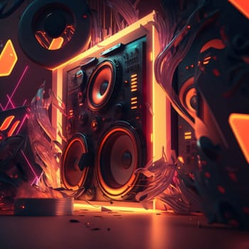 Abstract background design: 3d rendering of a stereo system in neon light. 3d illustration.
