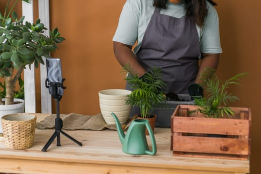 African american girl vlogger influencer or SME owner work on home video camera selfie shoot filming take care home plants and transplanting plant in flowerpot. Home gardening and florist