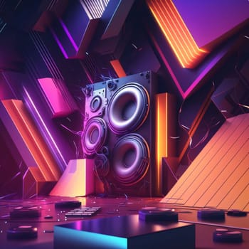 Abstract background design: 3d render, abstract techno background with speakers, neon lights and cubes