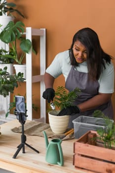 African american florist blogger filming tutorial video about transplanting plants in home garden. Make video vlog with mobile phone concept