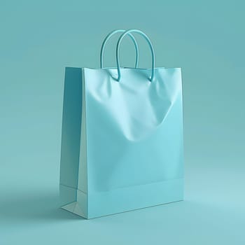 An aqua paper bag with two handles, fashioned in electric blue, stands out against a light blue background. The natural material, rectangle shape, and transparency make it a trendy fashion accessory