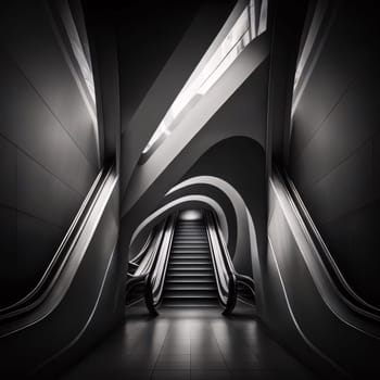 Abstract background design: Escalator in a dark corridor, 3d render. Computer digital drawing.