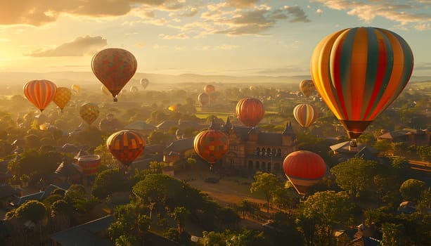 A group of hot air balloons are soaring through the sky over the city as the sun sets, creating a picturesque scene in the natural environment