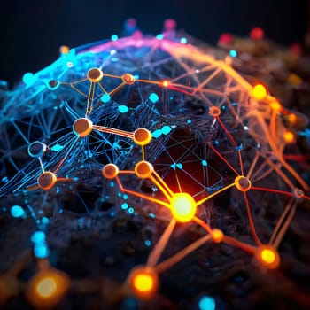 Abstract background design: 3d rendering of global network concept with glowing dots and lines.