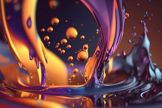 Abstract background design: 3D illustration of a colorful liquid splash with bubbles and waves.