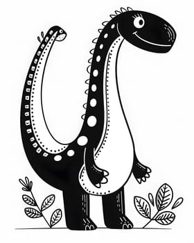 A monochromatic illustration of a dinosaur standing in the grass, showcasing intricate patterns and details using black and white drawing techniques