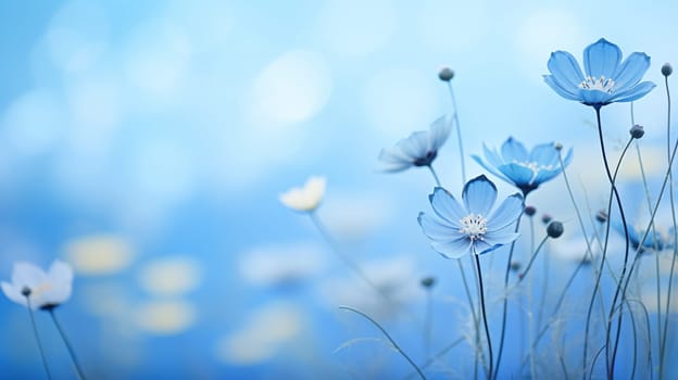 Delicate blue blossoms stand out with thin stems, embodying tranquility and the fresh feel of a cool, hazy day - Generative AI