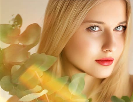 Beauty, makeup and hairstyle, face portrait of beautiful woman with green leaves branch, red lipstick makeup for skincare cosmetics and fashion look idea
