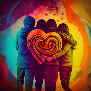 Abstract background design: Family of three with heart on abstract colorful background. Double exposure.