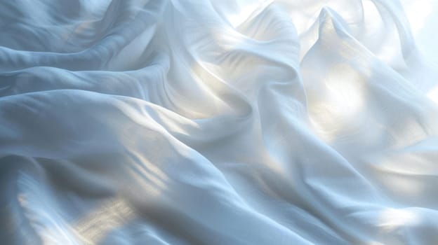 The abstract picture of the wavy blue fabric satin flexible clean cloth of the curtain that waving around under the light in the blank background of the bright room in the daytime of the day. AIGX01.