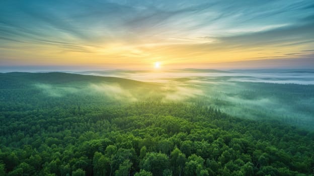 The top view picture of the wild nature that fills with green forrest, great mountain, cloudscape, blue sky, and the sun in the bright morning day in the summer or spring time of the years. AIGX01.