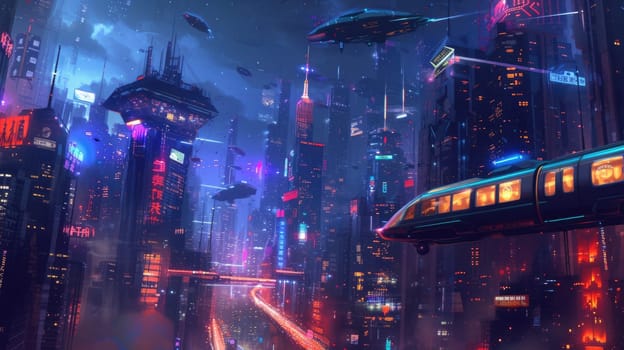 Futuristic city glows with soft hues, complemented by the sleek design of hovering vehicles above the vibrant skyline. Resplendent.