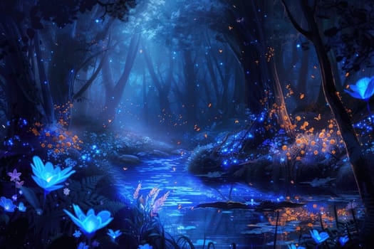 An enchanted forest at night, with glowing flowers, a sparkling river, and mystical creatures lurking in the shadows. Resplendent.