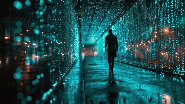 The picture of the single person that has been walking into the endless walkway that has been raining with the digital matrix green binary rain of code that seem like person search something. AIGX01.