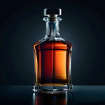 An amber glass bottle of whiskey is placed on a table, containing the alcoholic beverage inside. The liquid solution is a fluid drink in the bottle