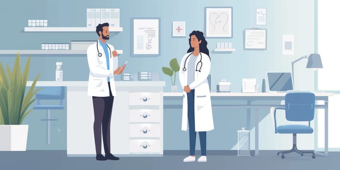 Smart doctor taking care a patient while investigate symptom. Skilled doctor wearing lab coat at clinic. Doctor takes the patient's medical history, listening intently to concerns and symptoms. AIG42.