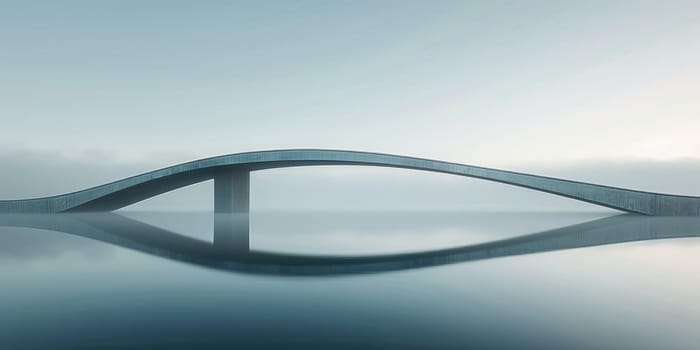 A white bridge in the middle of a body of water. The water is blue and clear, with some darker blue shadows underneath the bridge. The sky is also blue and clear, with a few of white clouds. AIG42.