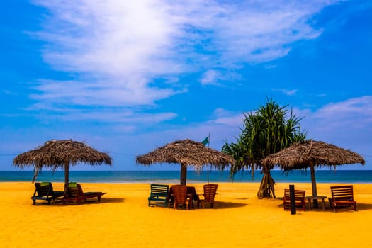 Beautiful beach with tropical nature sand water waves people fun parasols and sun loungers in Bentota Beach on Sri Lanka island.