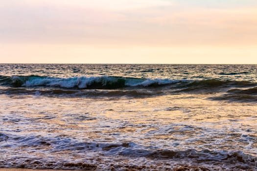 Beautiful sunny landscape panorama with huge powerful waves and clear water in Bentota Beach Galle District Southern Province Sri Lanka island.