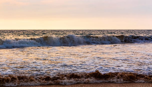 Beautiful sunny landscape panorama with huge powerful waves and clear water in Bentota Beach Galle District Southern Province Sri Lanka island.