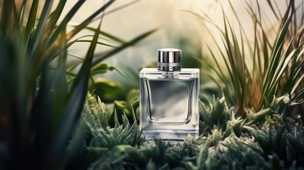 Transparent white glass perfume bottle mockup with plants on background. Eau de toilette. Mockup, spring flat lay