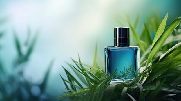 Transparent blue glass perfume bottle mockup with plants on background. Eau de toilette. Mockup, spring flat lay